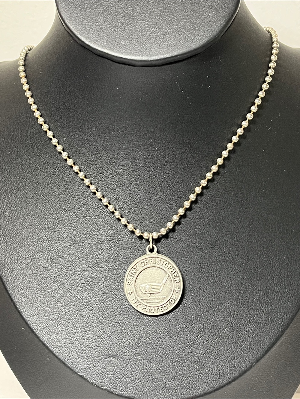 Vintage Silver Saint Christopher Medallion Necklace. Beaded ball chain